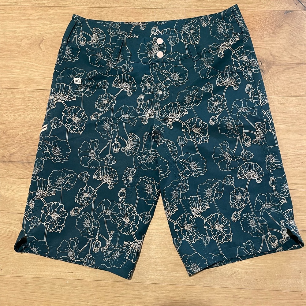 Women’s Floral Bike Shorts – Teal with White Print
